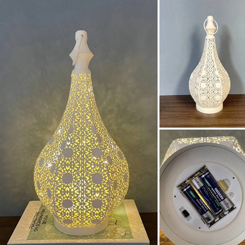 โคมไฟตั้งโต๊ะสไตล์โมร็อกโกโคมไฟตั้งโต๊ะโลหะแบตเตอรี่ขับเคลื่อนโคมไฟไร้สายพร้อมหลอดไฟนางฟ้าสําหรับห้องคริสต์มาส A