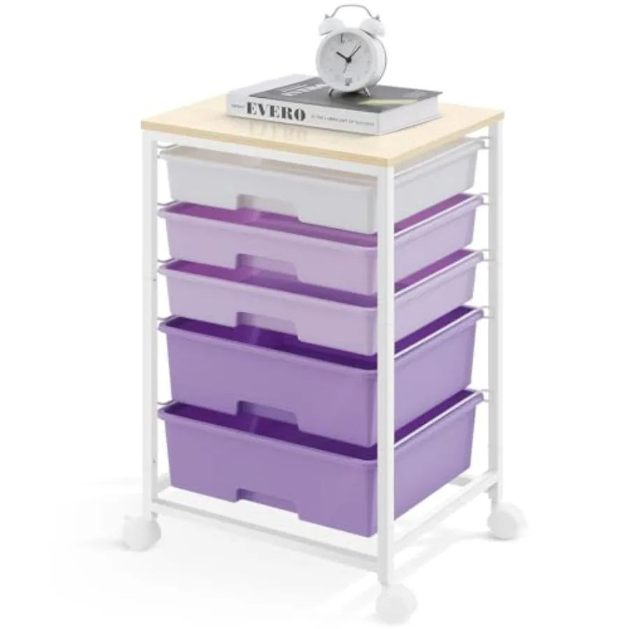 

Utility Cart with 5 DrawersStorage Drawer Cart with Wooden Tabletop and Lockable Wheels Craft Storage Trolley Cart 5-Tier Rolli