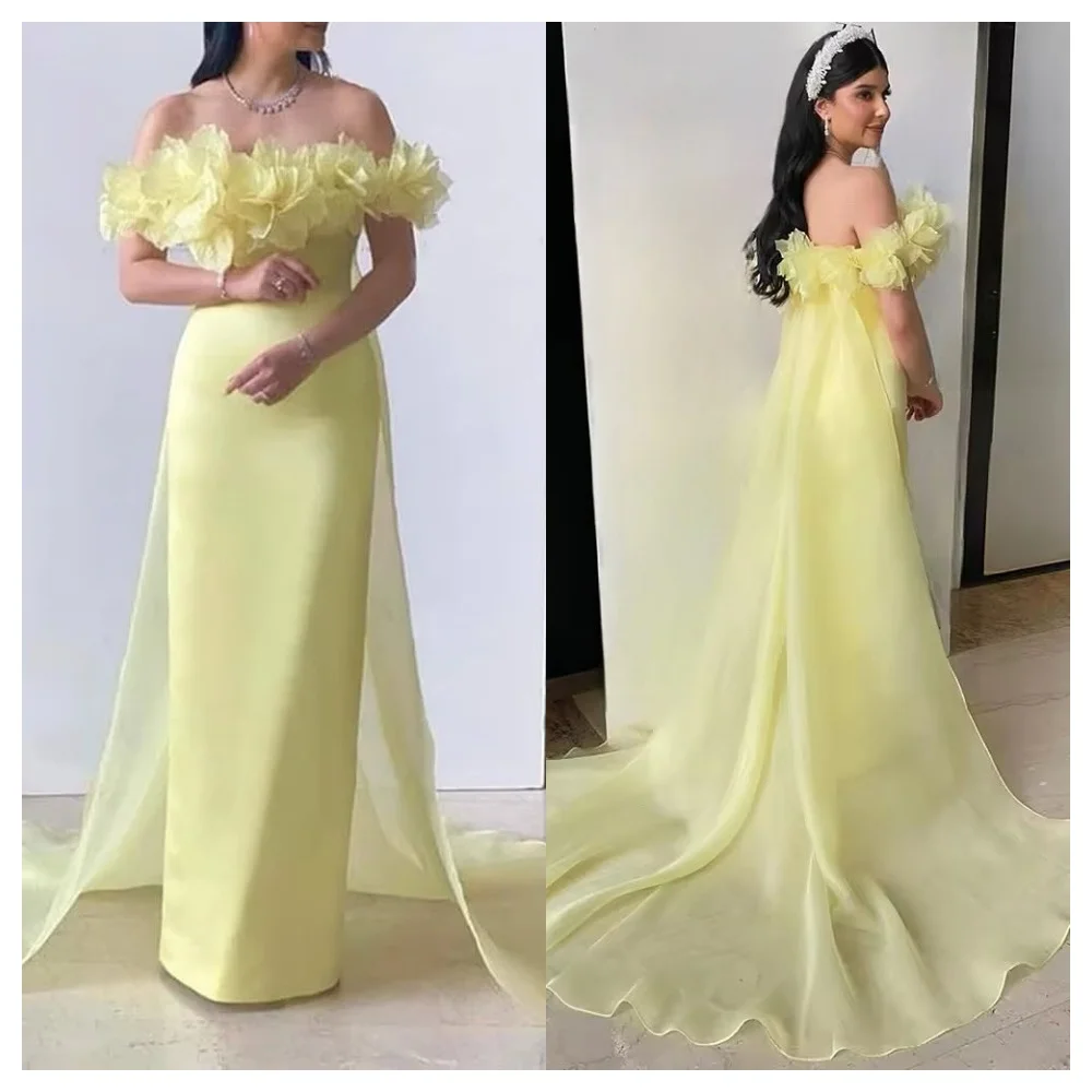 

Customized Delicate Yellow Jersey Evening Dress Exquisite Boat Neck Off the Shoulder Sleeveless Party Dress Soft Celebrity Gowns