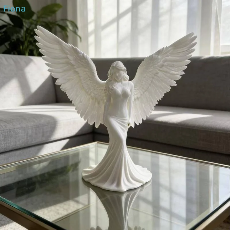 ♬White Angel Wings Figurine with Flowing Gown,Resin Angel Statue for Home Decor,Living Room & Bedroom Ornament