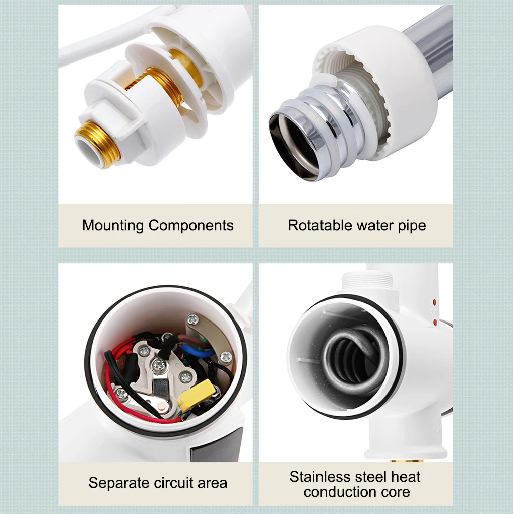 バスルーム用電動ウォーターヒーター、LEDスクリーン、ラピッド加熱タップ、下部マニホールド、ホットおよびコールド、ipx4防水、シンクの蛇口、EUプラグ