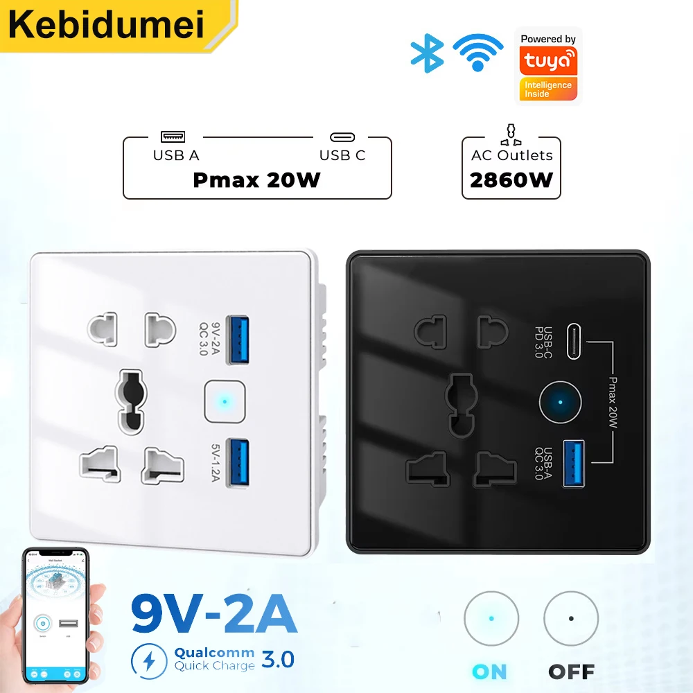 

Smart Wifi Wall Switch With Universal Multi-Function Socket Type-C + USB PD/QC 3.0 Fast Charging Socket EU UK US Plug