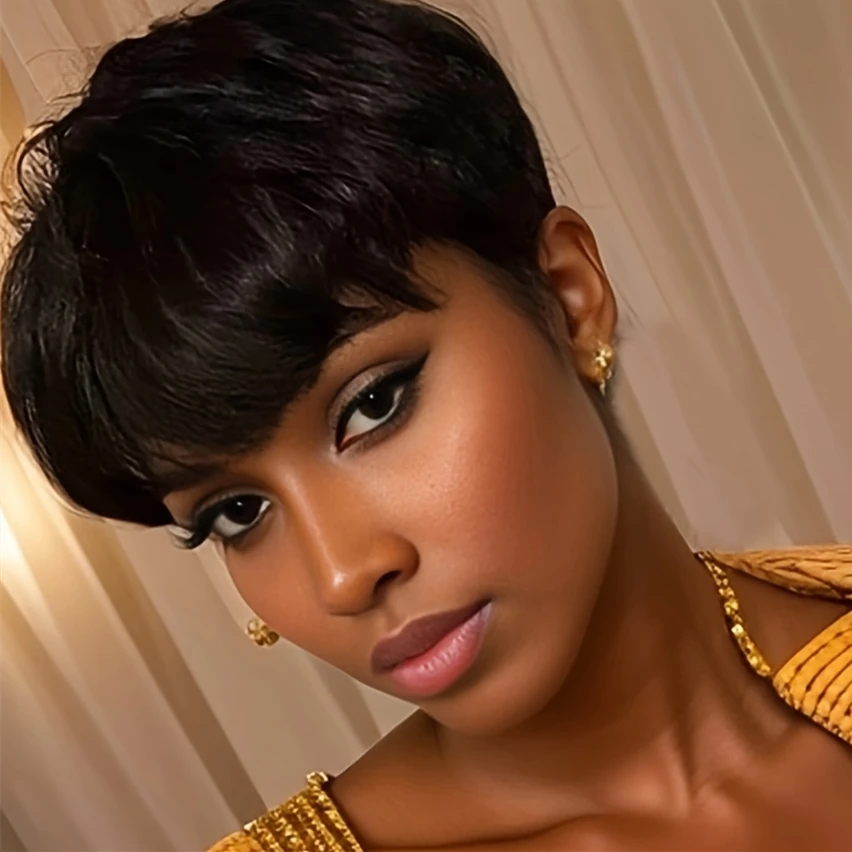 

pixie straight machine made human hair wigs for women short straight pixie wigs 6inch 150% density natural brown 99j color