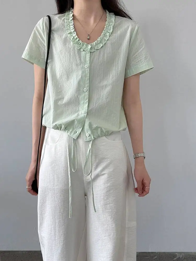 

Women Green Blue Ruffles Thin Elegant Blouse New Round Neck Short Sleeve Shirt Fashion Tide Spring Summer