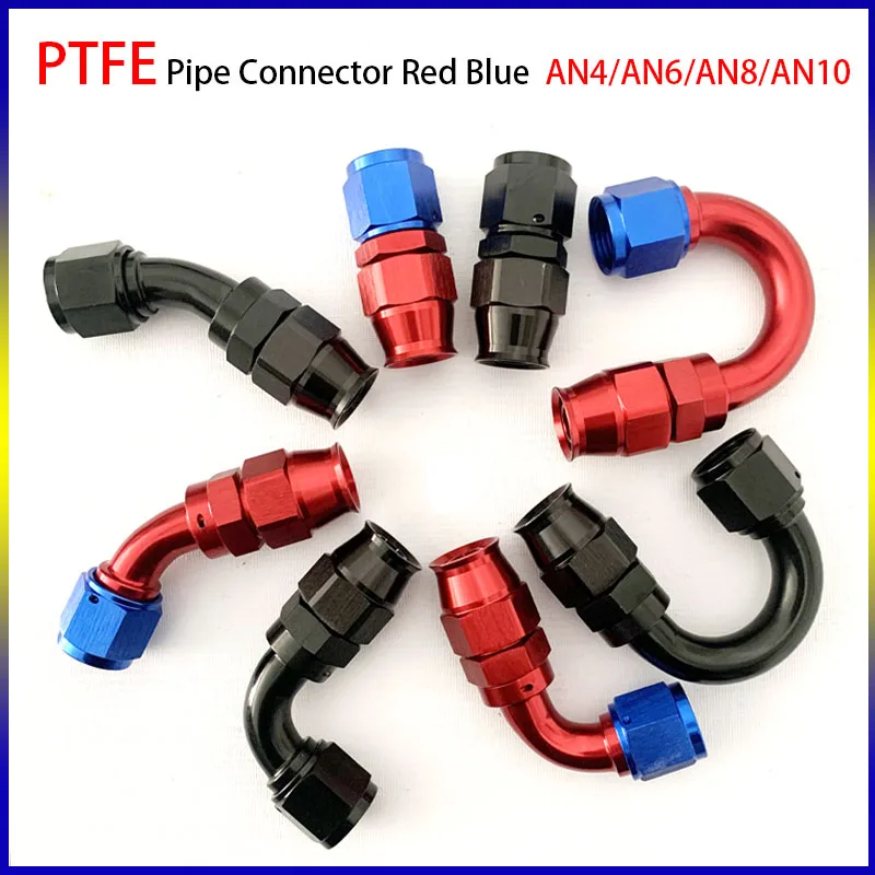 PTFE Pipe Connector Red Blue AN4 AN6 AN8 AN10 PTFE 0°/45°/90°/180°  Degree  Reusable Hose End Fitting Adapter For Swivel