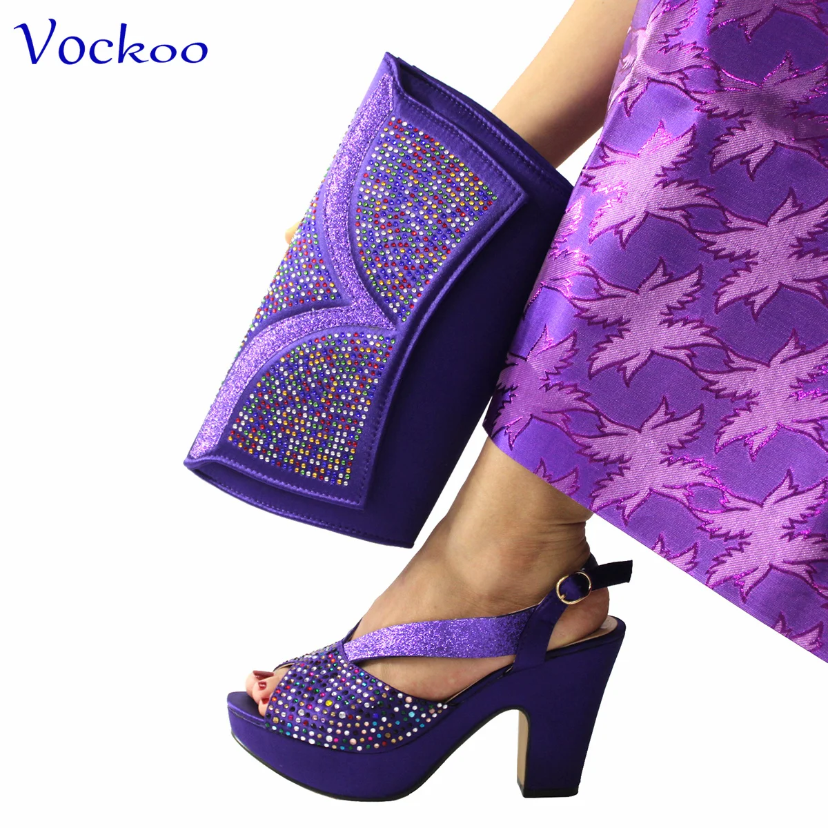 2024 Spring New Coming Italian Design Wedges Heels Shoes Matching Bag Set in Purple Color with Platform Comfortable Sandals