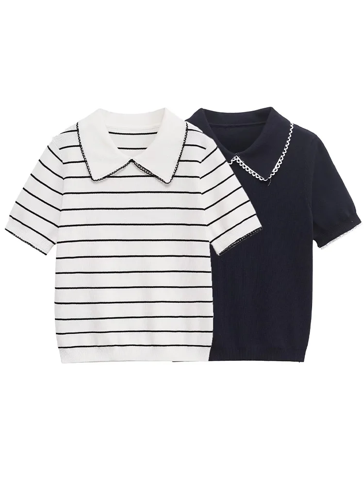 

HH Woman Short Sleeves Turn-down Collar Pullover Knitted Sweater Female Autumn Stripes 3-color Lace Decoration Short Tops