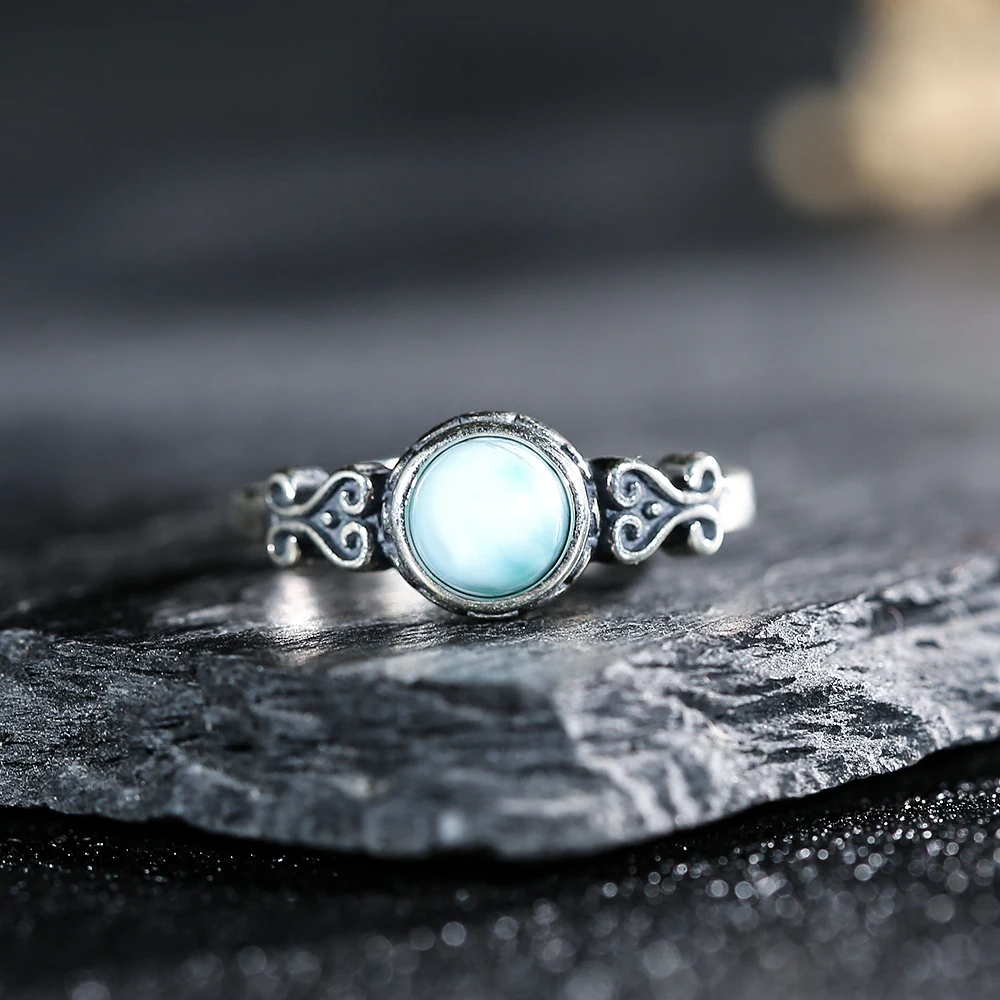 Vintage Pattern S925 Silver Ring Natural Ore Larimar Women's Ring Exquisite Jewelry Couple Women's Ring Party Accessories Gift