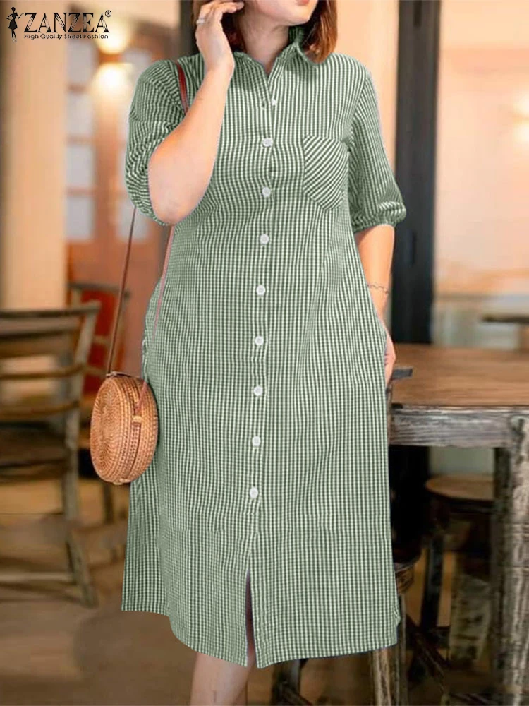 ZANZEA Women 2025 Summer Dress Elegant Plaid Checked Short Sleeve Work Sundress Casual Button Down Midi Vestidos Kaftan Oversize