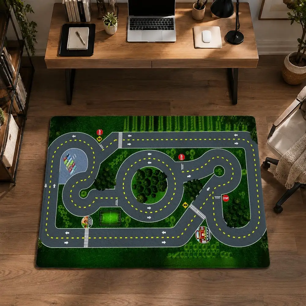 Playful City Traffic Route Floor Mat Flannel Non-Slip Washable Soft Rug For Bathroom Kitchen Bedroom Living Room Home Decor