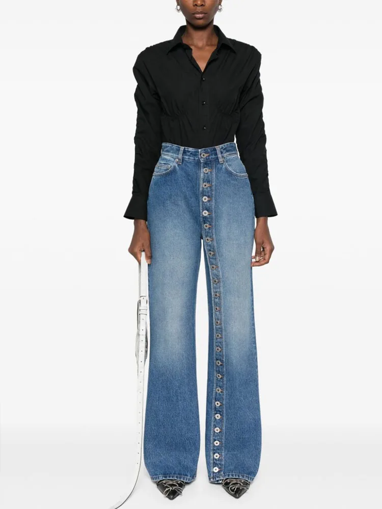 Fashion Retro Women's Multi Button Straight Leg Denim Pants 2025 Spring New High Waisted Wide Leg Pants High Street Female Jeans