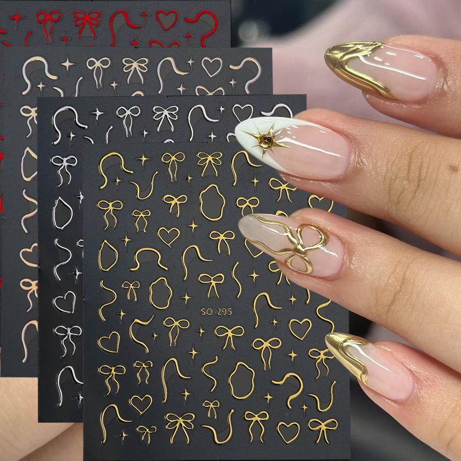Valentinstag Metallic Schleife Nagelaufkleber Y2K Funkelnde goldene silbrige Schleife Design Aufkleber für elegante Maniküre Zubehör