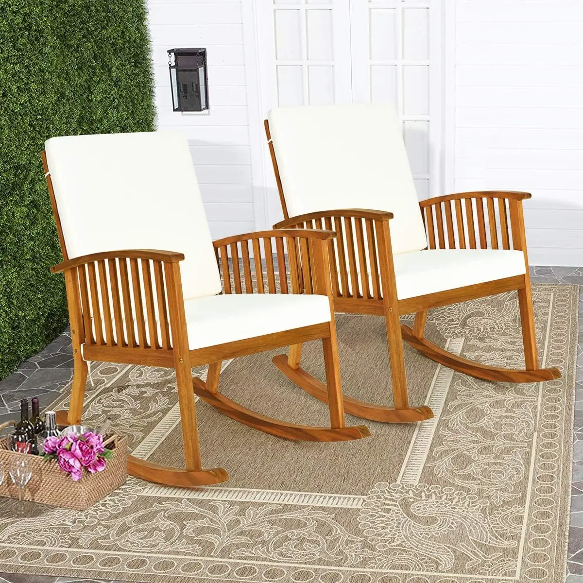 2 PCS Outdoor Acacia Wood Rocking Chair Wooden Rocker w/Detachable Washable Cushions(2, Teak)