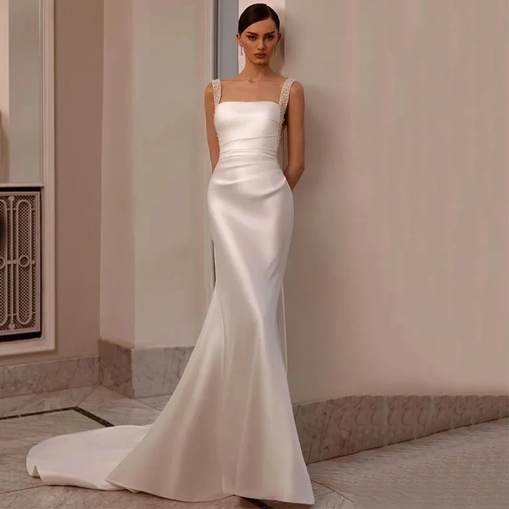 

Simple Mermaid Square Collar Wedding Dress Sleeveless with Pleat Floor Length Sexy Open Back Sweep Train Bridal Zipper Gowns