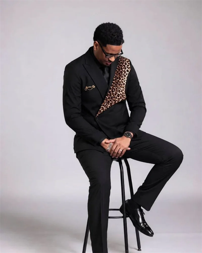Black Brown Leopard Men Suits Pants Set 2 Pcs Blazer+Trousers Cotton Wedding Tuxedos Jacket Formal Office Business Coat Outfit