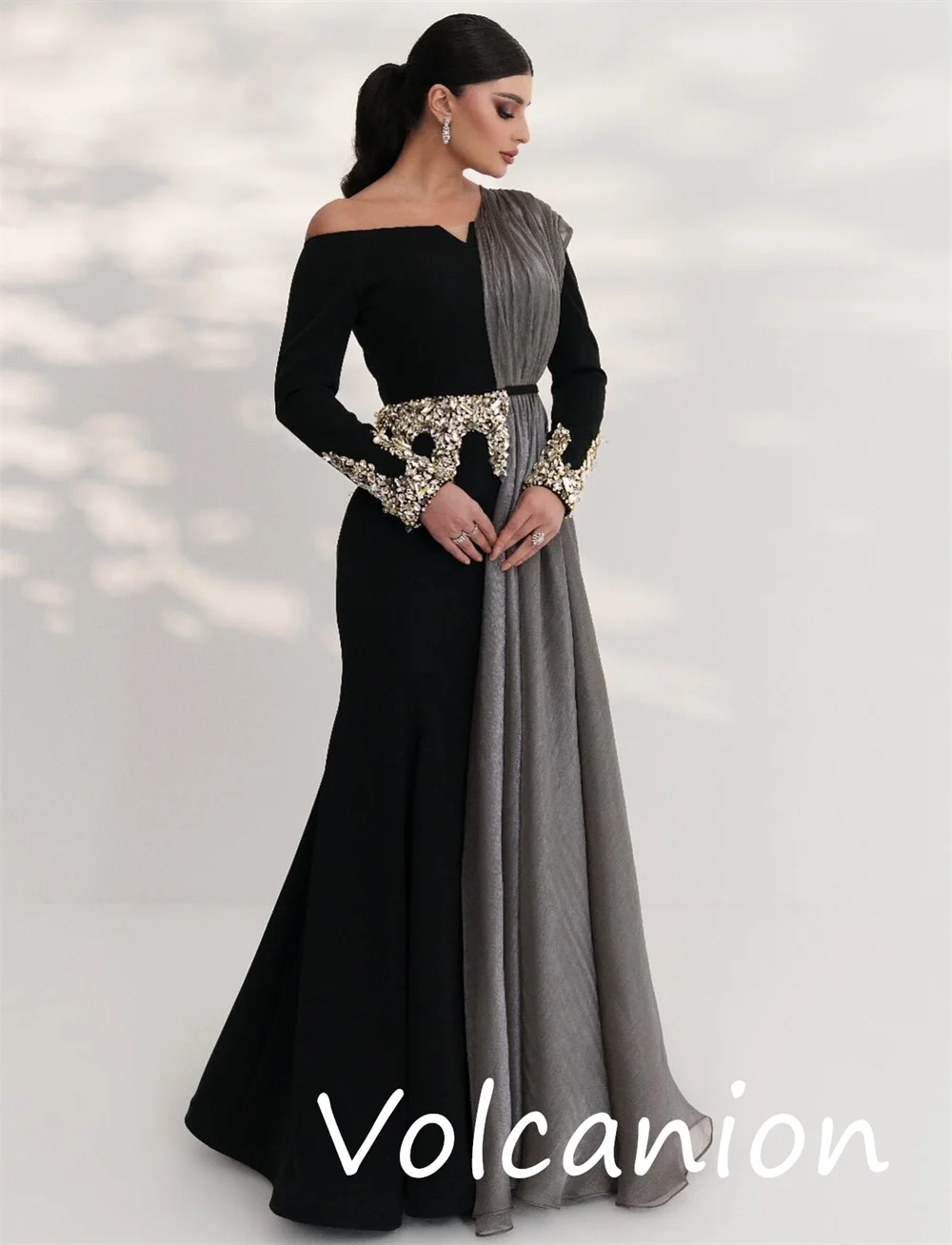 Taglie personalizzate disponibili Jersey con paillettes Piega A-line Abiti lunghi con spalle scoperte Occasioni su misura Casual