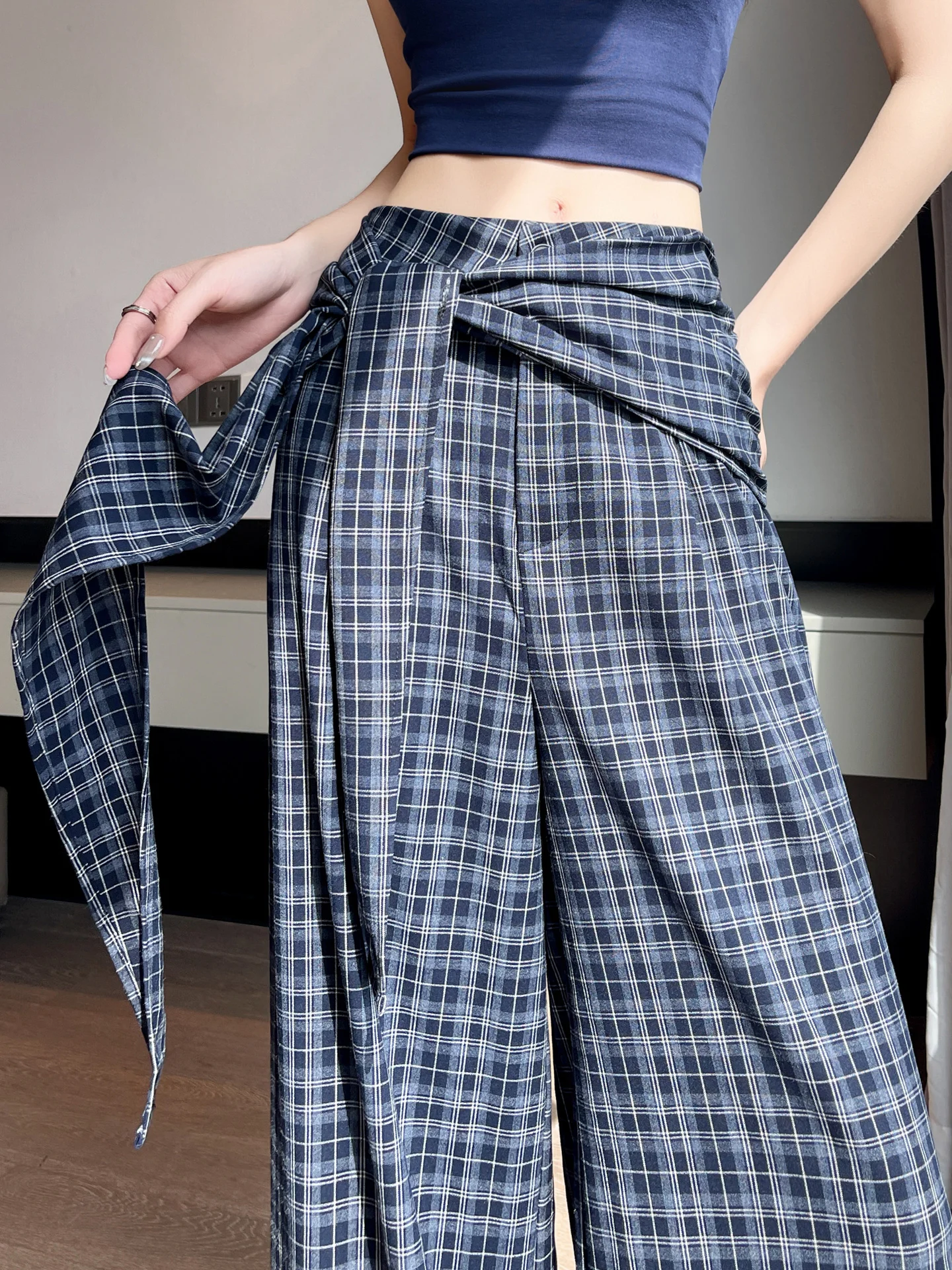 Pantaloni a Gamba Larga a Vita Alta con Motivo Scozzese Blu Retrò, Pantaloni Estivi da Donna, Larghi e Snellenti, Casual, Lunghi con Cintura, Gamba Dritta...