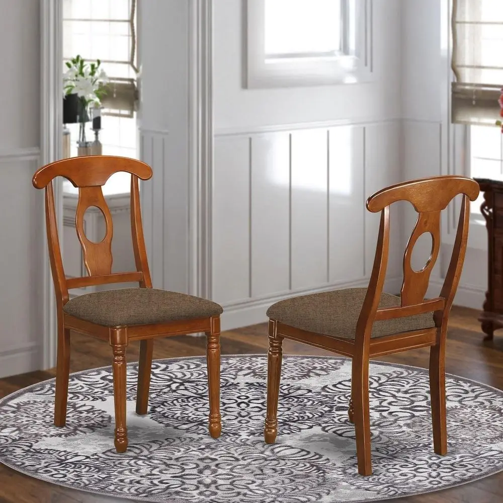 

NACSBRC Napoleon Kitchen Dining Chairs Linen Fabric Upholstered Solid Wood Chairs, Set of 2, Saddle Brown