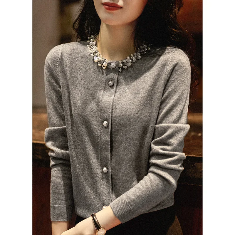 Women\'s Elegant Beading Spliced Long Sleeve Sweaters New Solid Color Temperament Knitted Cardigan Female Clothing Autumn Winter