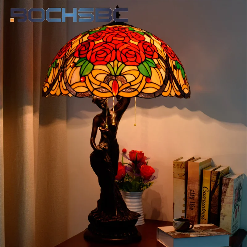 BOCHSBC Tiffany stained glass desk lamp retro style rose art decoration living room study bedroom bed beauty reading lamp