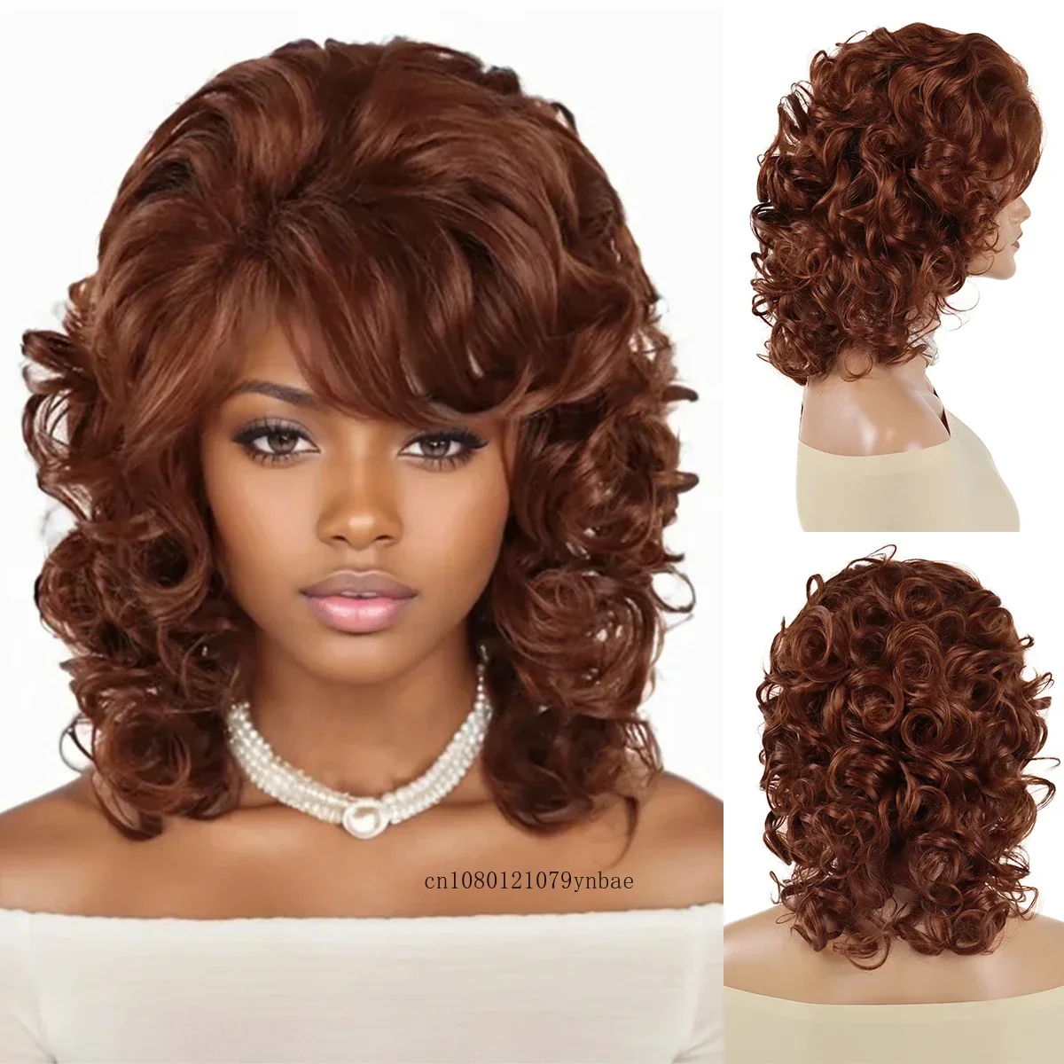 

Каштановые парики Синтетические волосы Короткий пушистый вьющийся парик с челкой для женщин Термостойкий парик в стиле ретро для мамы Повседневный костюм