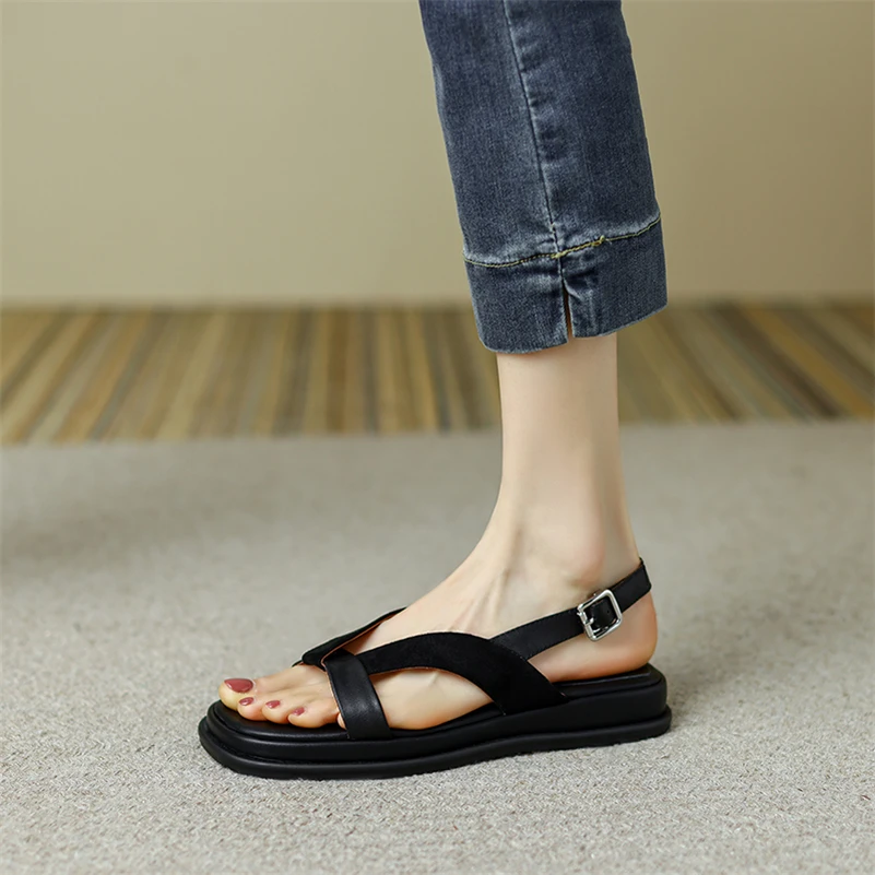 Meotina Women Genuine Leather Sandals Platform Flat Sandals Square Toe Buckle Sandals Fashion Ladies Shoes Summer Apricot 40