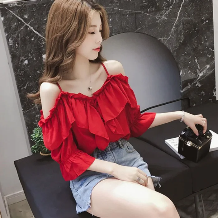 

Off Shoulder T-Shirt Womens Korean Clothing Body Shaper Slim Waist Fitted Tight Close Fitting Slimming Effect Skinny Curve Girls