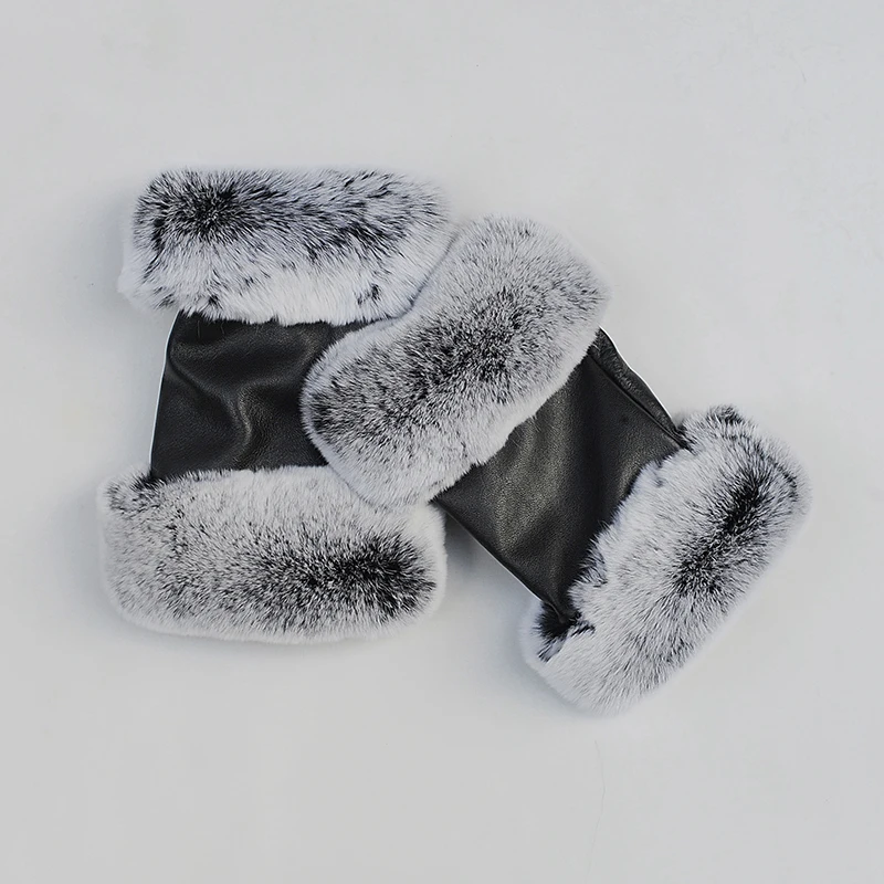 Women Winter Warmer Wrist Gloves Genuine Leather Rex Rabbit Fur Fingerless Driving Gloves Plaid Sheepskin Mittens Women Gloves