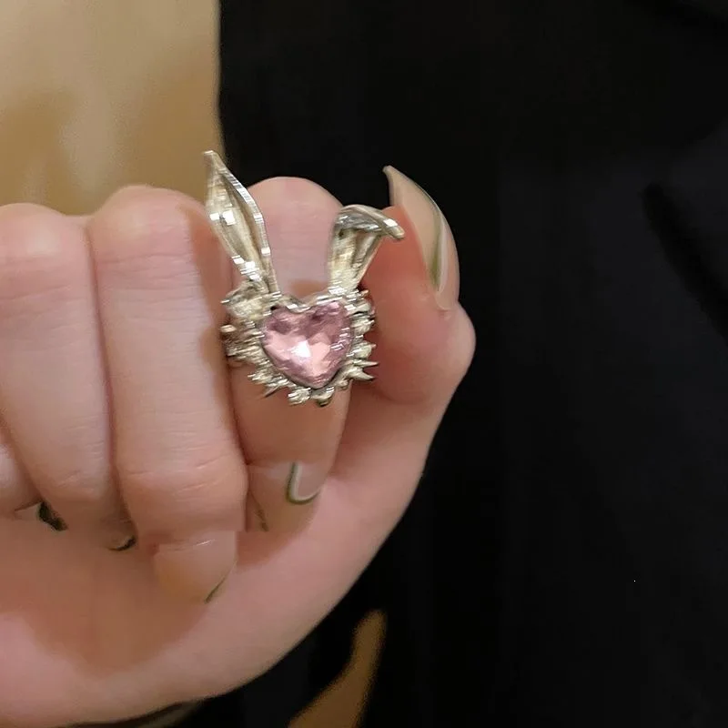 Fashion Creative Love Little Rabbit Water Rhinestone Open Ring for Female Niche Design Finger Ring Ins Trendy Personalized Ring
