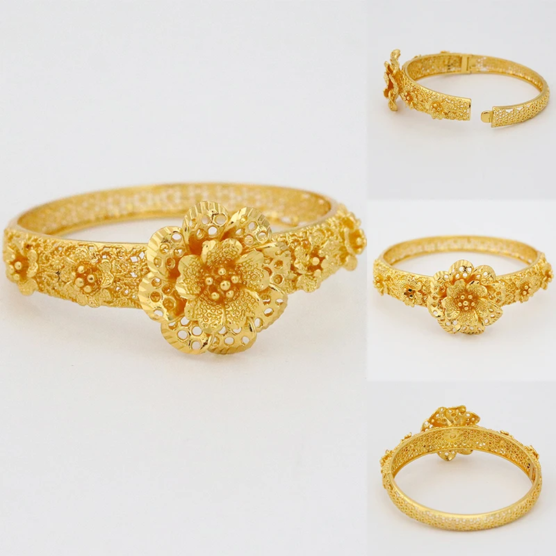 Dubai Gold Flower Bracelet Ladies Gold Dubai Bridal Wedding Ethiopian Bracelet African Bracelet Arabian Wedding Bracelet