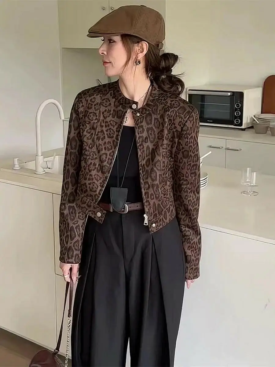 Retro High-End Leopard Print Stand Collar Zipper Short Jacket Women's Fashion Small Size Jacket Top Commute Style Long Sleeve