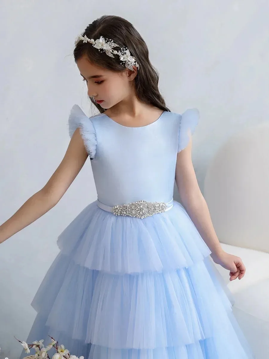 

Communion Dress Satin Ruffled Flower Girl Dress Toddlers O Neck Balloon Sleeves Princess Custom Wedding Party Ball Gown