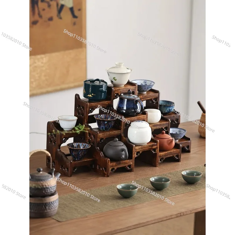 Solid Wood Chinese Antique Desktop Teapot Display Stand, Purple Clay Teapot Placement Rack, Tea Set Storage Holder