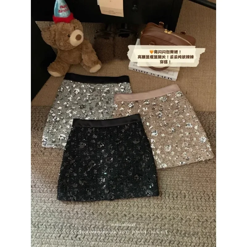 Winter Vintage Korean Retro High Street Low Waist Sequins Short Skirt Streetwear Fashion Mini Skirt