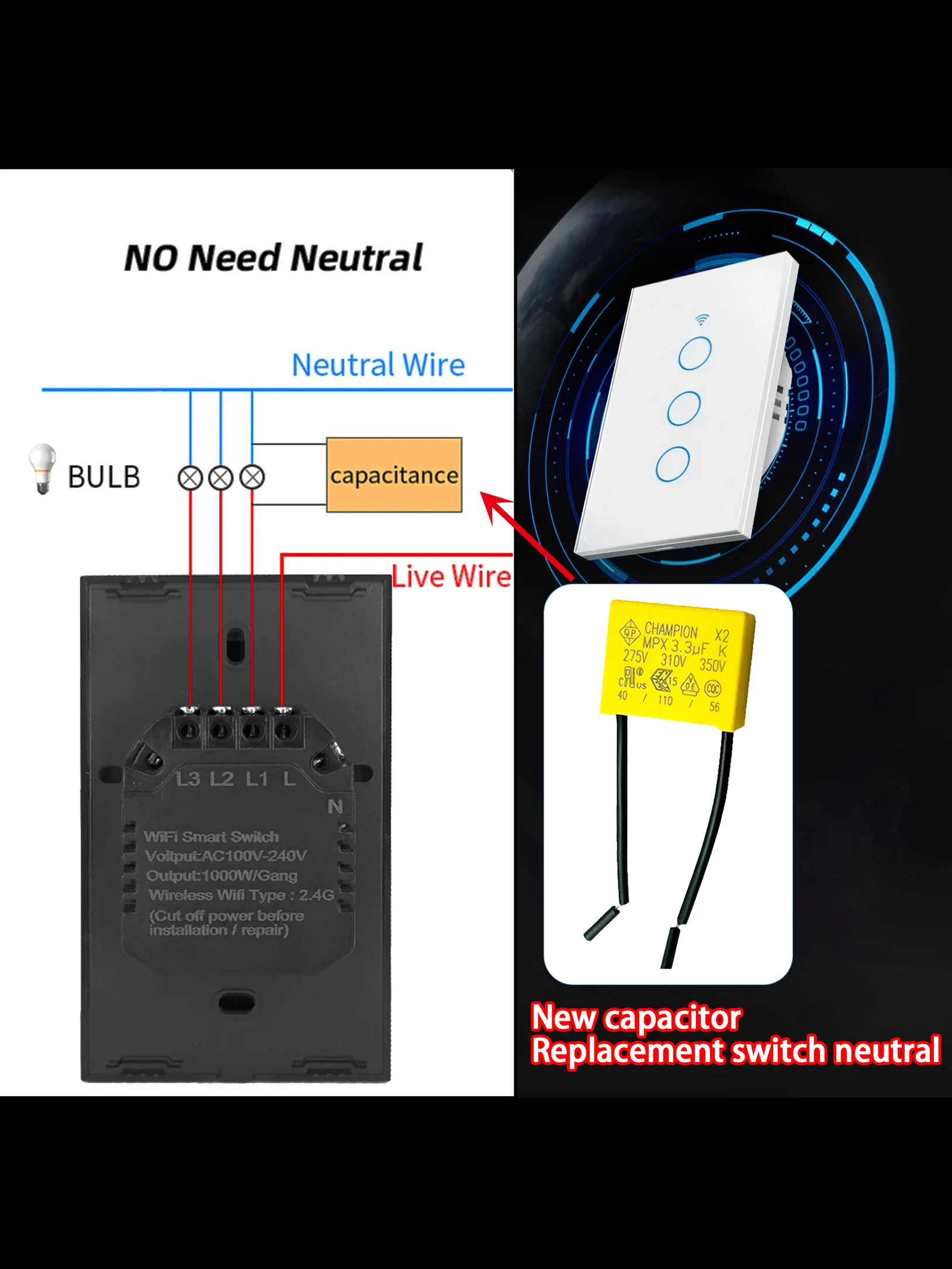 3,3uF 275VAC Polypropylen-Filmkondensator, Sicherheitsklasse X2, für Smart-Touch-Vorhang-/Lüfterschalter, Neutralleiter – Detail 2