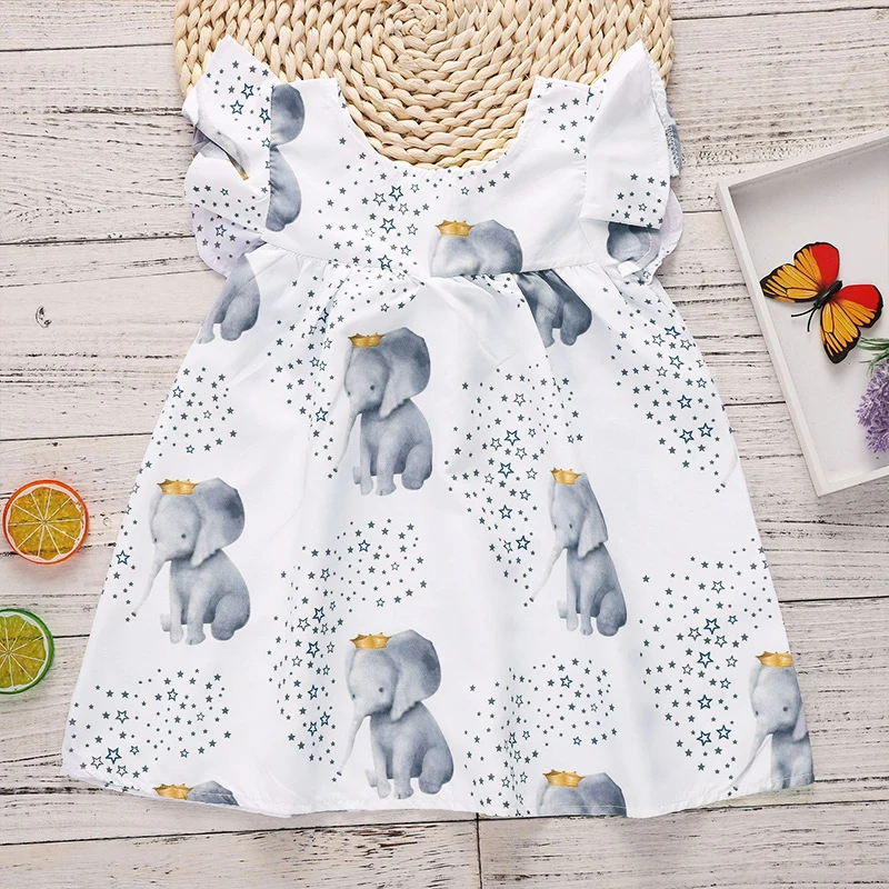 PatPat Crown Elephant Star Print Flounce-sleeve Baby Dress