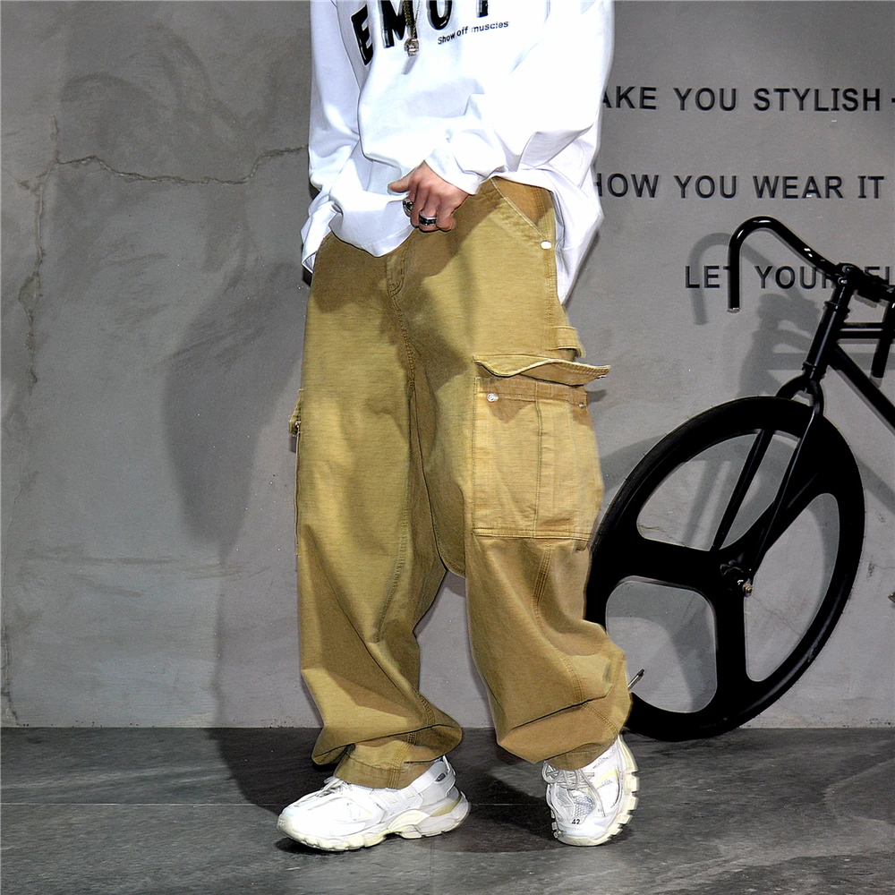 Men Heavyweight Cotton Cargo Pants Streetwear Outdoor Casual Straight Fit Multi Pocket Durable Khaki Washed Vintage Workwear