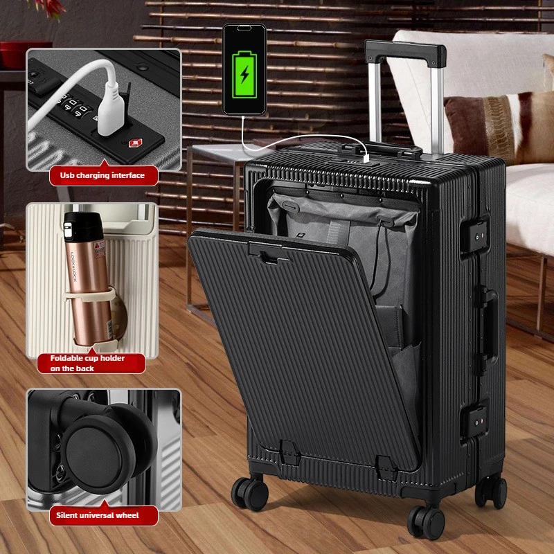 Maleta de aluminio con apertura frontal, carga USB y portavasos plegable, silenciosa 360 °   Ruedas y cerradura TSA