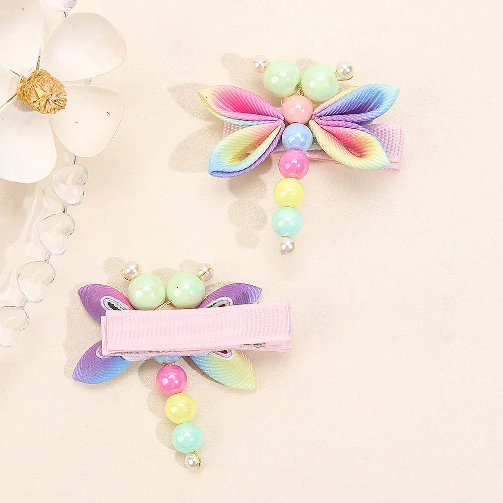 2Pcs Sweet Pearl Baby Hairpins Hair Lace Ornament Headwear Exquisite Gradient Dragonfly Hair Clips For Girls Hair Accessories