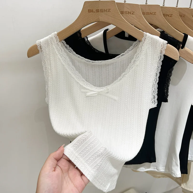 AOSSVIAO 2025 المرأة الصيف المحاصيل القمم الدانتيل تقليم محبوك تانك القمم الصيف رقيقة الخامس الرقبة أكمام قاعدة كاميس المرأة قمة الموضة