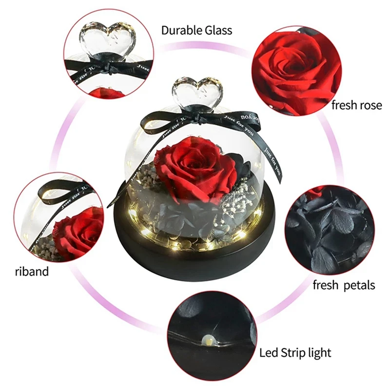 Natural Eternal Flowers Beauty And Beast Forever Preserved Rose In Glass Dome With LED Valentine Wedding Christmas Gifts