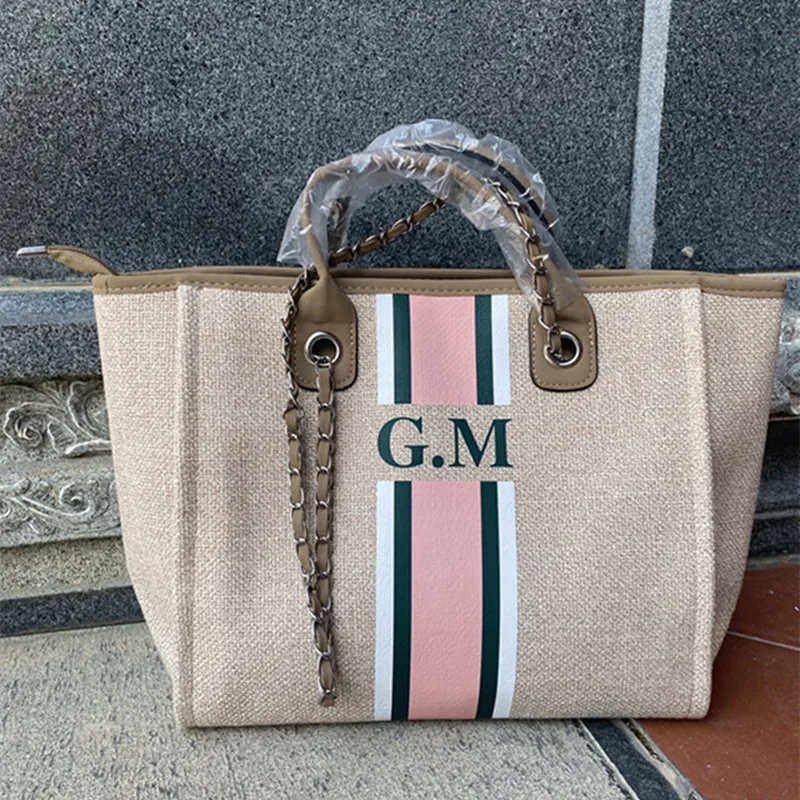 Customize Monogram Tote Bag Big Mama Mini Canvas Handbag Travel Bags Personalised Chain Handbag Stripe Shopper Shoulder Tote