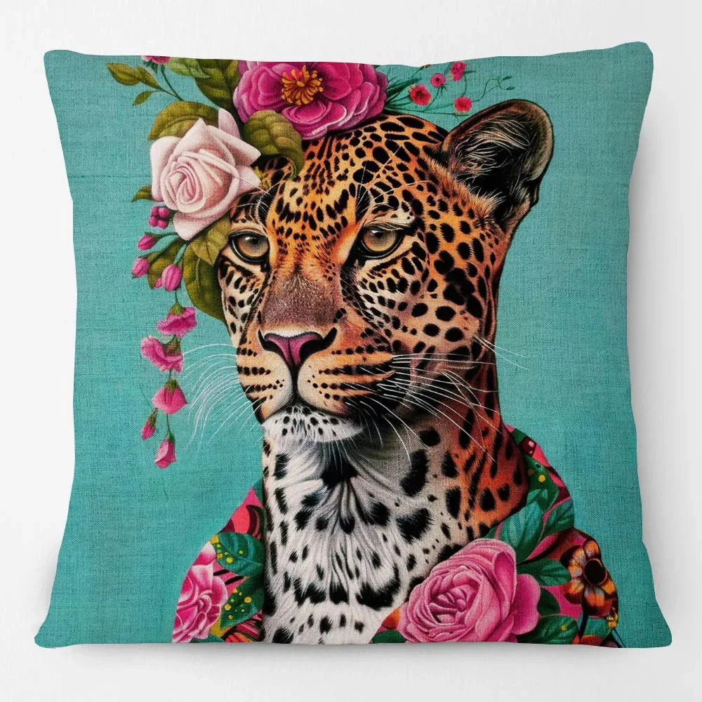 Floral Crowned Leopard European Fashion Animals Portrait Painting Cushion Covers Pillow Case for Sofa Home Decor Accessory