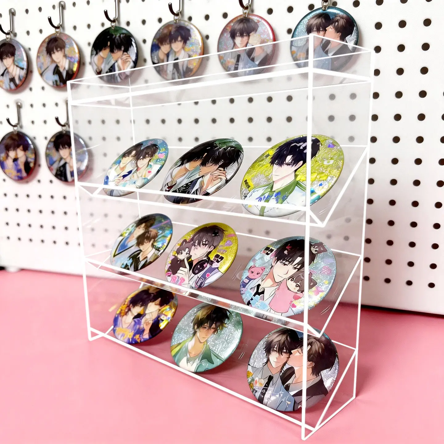 Multi-Layer Acrylic Display Rack for Anime Pins & Badges, Clear Collectible Organizer Stand for Merchandise Showcase