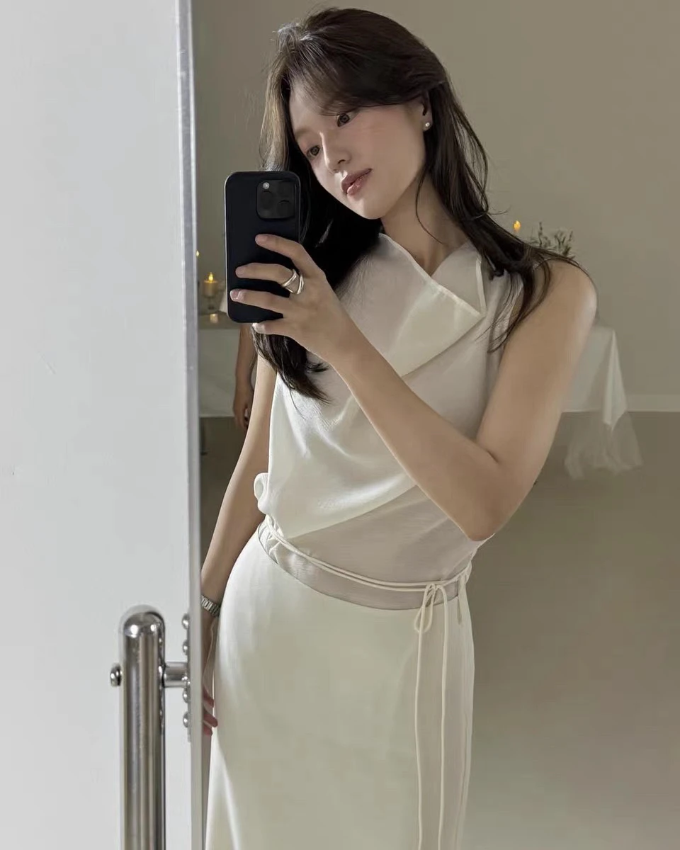 

Ele Commute Sle Vest with Belt Long Skirt Loose Fit oulder Slanting Pure Color Summer New Arrival Women's Faion
