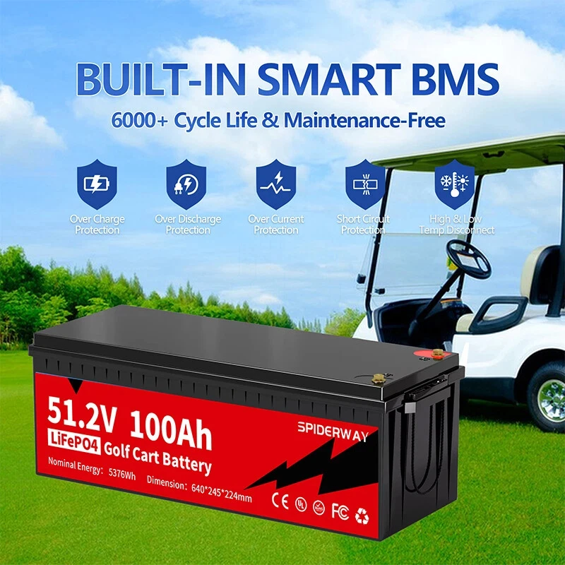 

48V(51.2V) 100Ah Lithium Golf Cart Battery, Built-in Smart 250A BMS, 6000+ Cycle Rechargeable LiFePO4 Battery