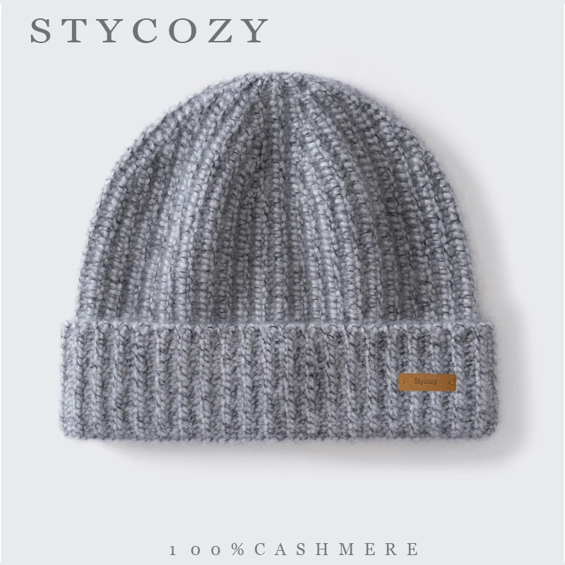 100% Cashmere Heavyweight Textured Yarn Beanies Rib Knit Folded Cuff Solid Skullies Hats Unisex Winter Thick Warm Colorful Caps