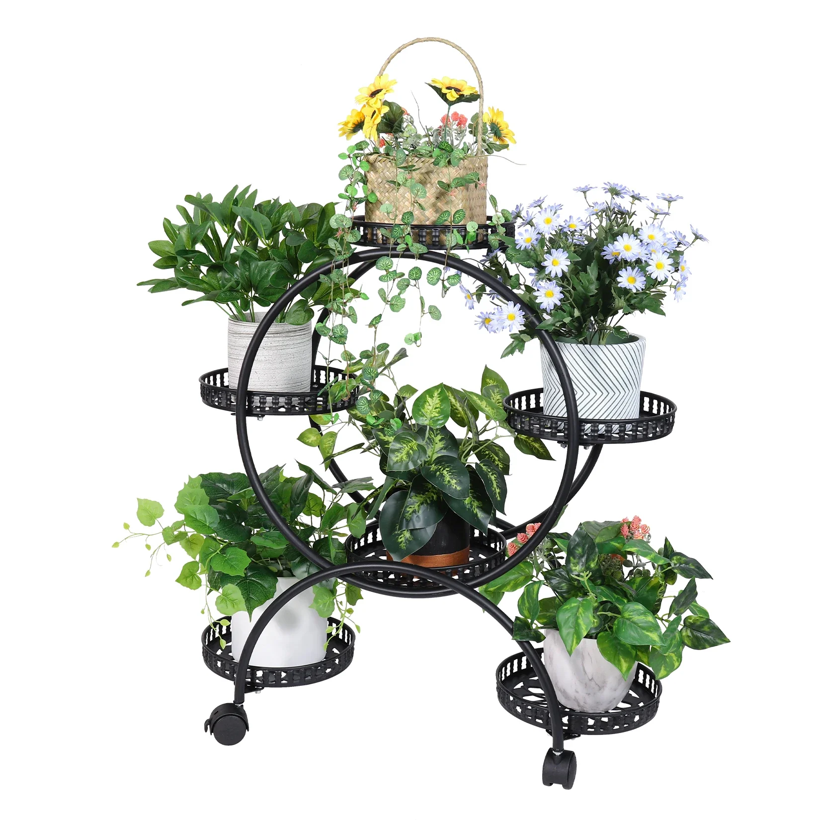 Pot Metal Plant Stand Multi-Layer Plant Holder Flower Rack with Wheels for Garden Yard Indoor Outdoor