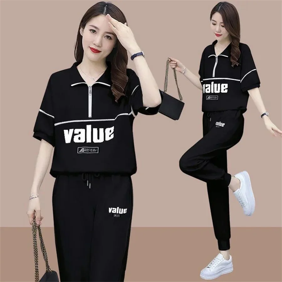 Fashion Summer Women Sets Casual Female Sportswear Suit Printed Short Sleeve Tshirts+ Pants Two-piece Set S-4XL