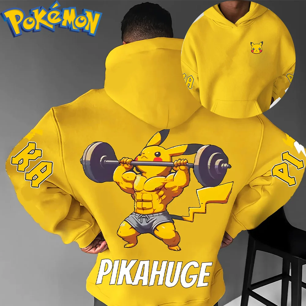 Pokemon Anime Pikachu Sudadera con capucha de algodón Color amarillo estampado de personajes con entrenamiento muscular levantamiento de pesas patrón de posición pecho pequeño